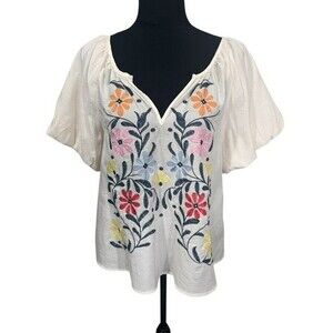 Blu Pepper Womens Top Size Large Ivory Cream Floral Embroidery Vneck Puff Sleeve